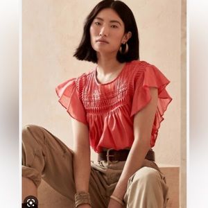 Banana Republic Pintuck Ruffle Sleeve Top S Passion Punch #796077
